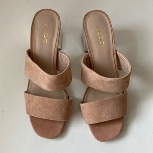 Aldo Tan suede heels with Modern Minimalist Design. Silver reflective heels